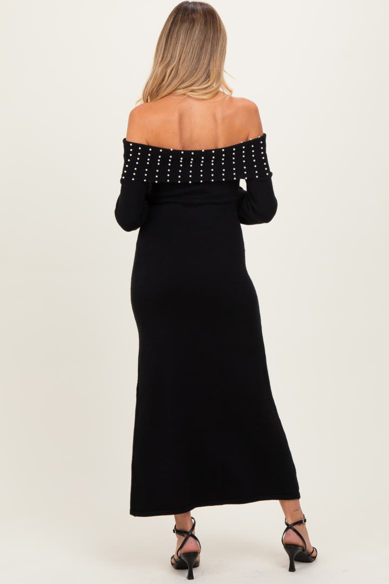 Faux Pearl Detail Off Shoulder Sweater Dress, Alternate, color, Black