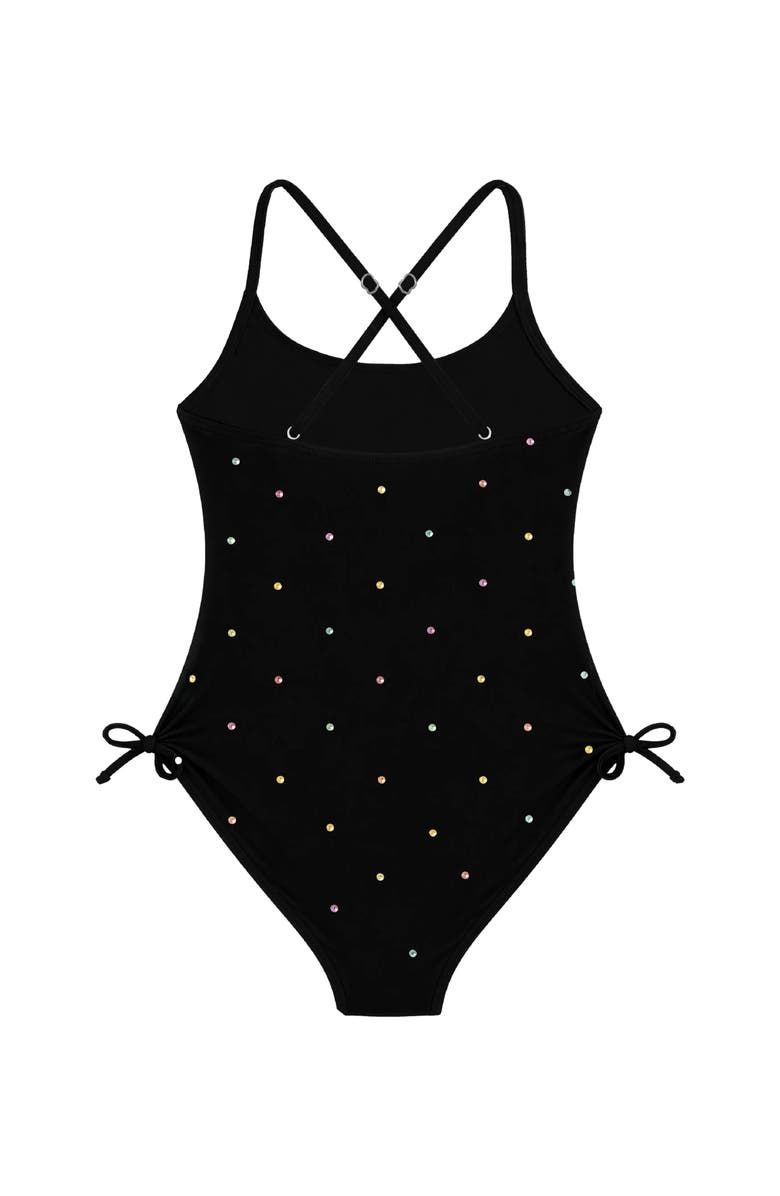 Limeapple Gathered One Piece Swimsuit with Rhinestone Detail, Alternate, color, Black