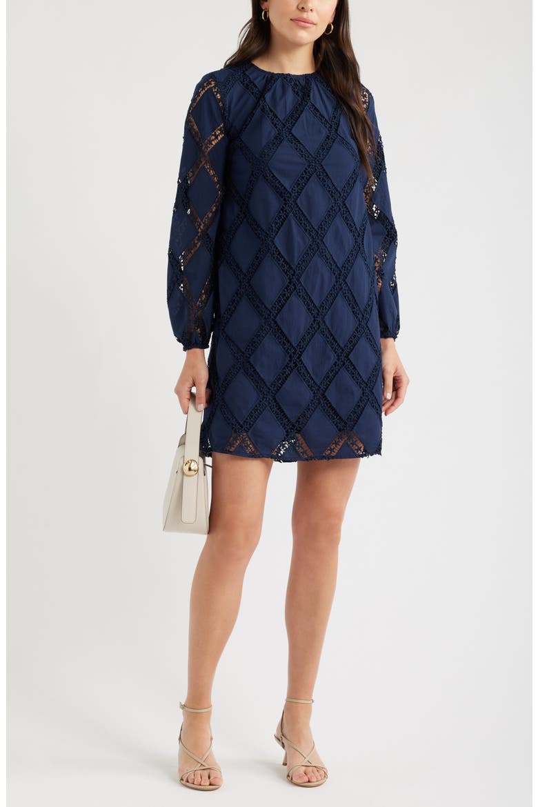 Lace Lattice Long Sleeve Cotton Dress, Alternate, color, NAVY STILL