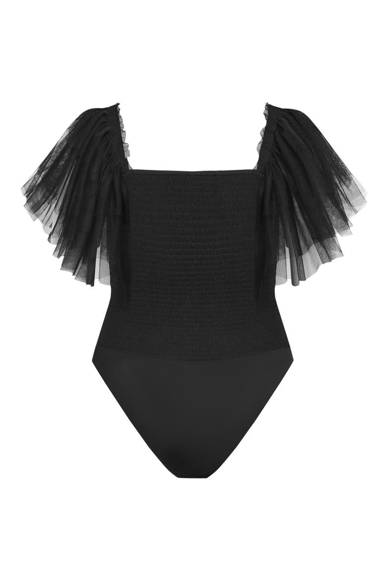 Azariah Shirred Tulle Sleeve Bodysuit, Alternate, color, BLACK