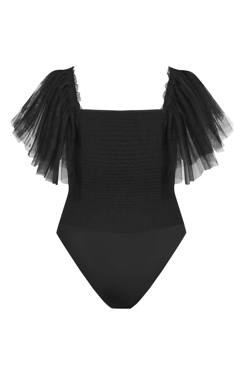 City Chic Azariah Shirred Tulle Sleeve Bodysuit, Alternate, color, 