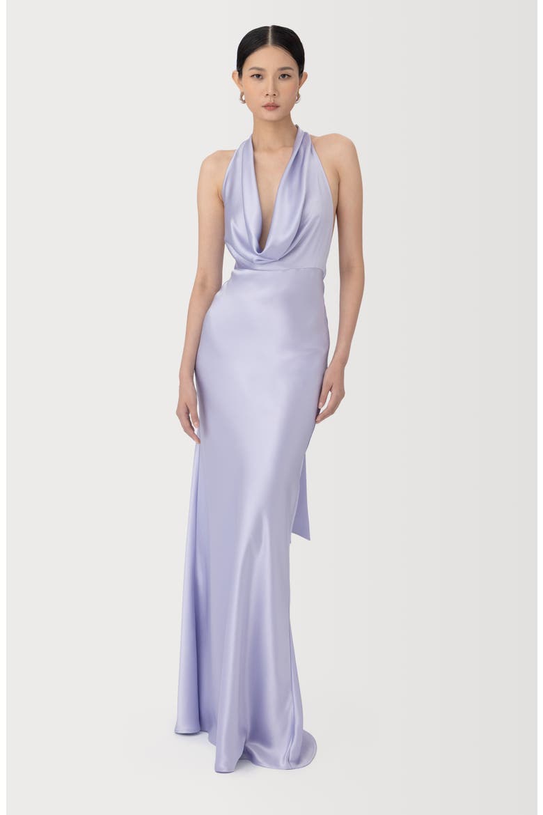 Pearl Cowl Halter Neck Satin Gown, Alternate, color, DUSTY LAVENDER
