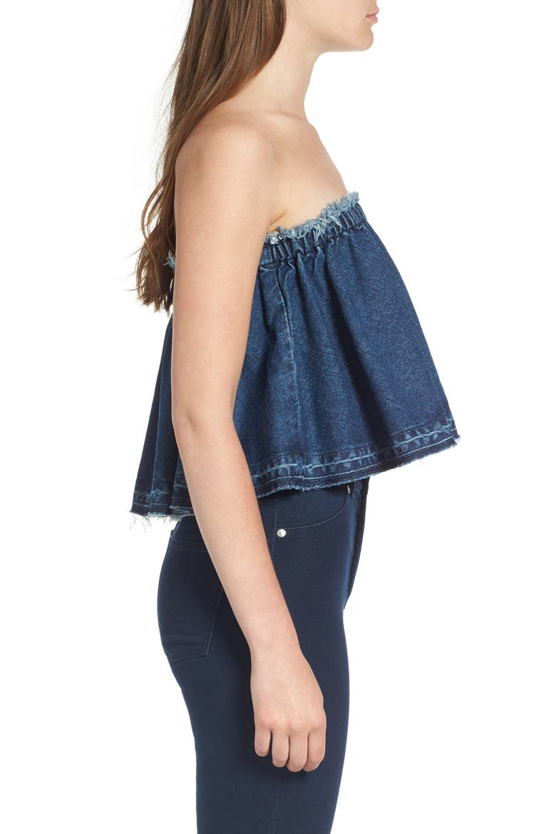 Ruffle Strapless Denim Top, Alternate, color, BLUE