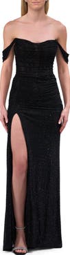 La Femme Off the Shoulder Rhinestone Net Jersey Evening Dress