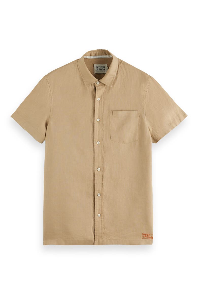 LInen Short Sleeve Button-Up Shirt, Main, color, TANNIN