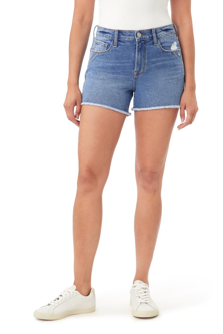 Rivet Frayed Hem Denim Shorts, Main, color, PORTLAND W/ DESTRUCTION
