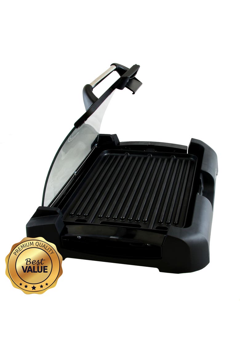 Reversible Indoor Grill and Griddle with Removable Glass Lid, Alternate, color, Black