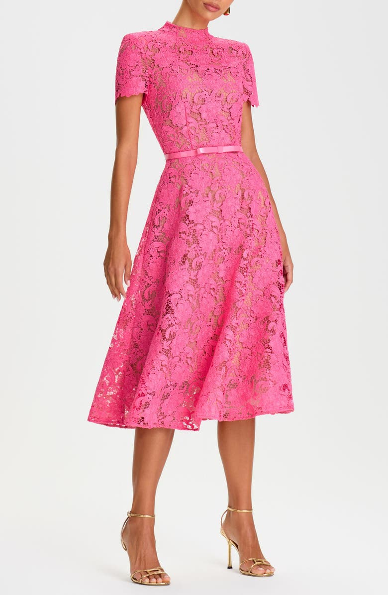 NADINE MERABI Belted Lace Cocktail Dress, Alternate, color, Pink