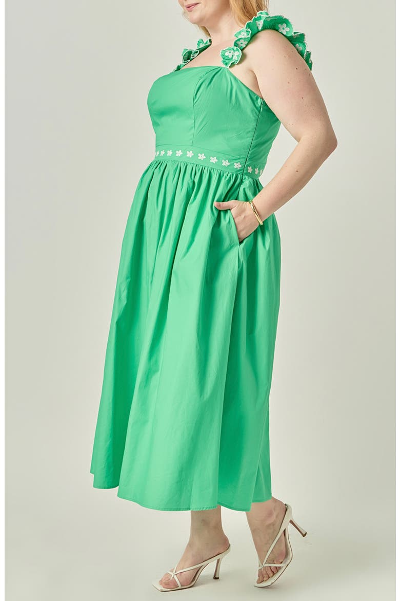 Flower Embroidered Ruffle Midi Dress, Alternate, color, GREEN