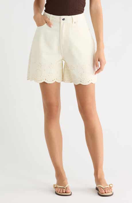 Vigoss Scalloped Eyelet Hem High Waist Denim Shorts