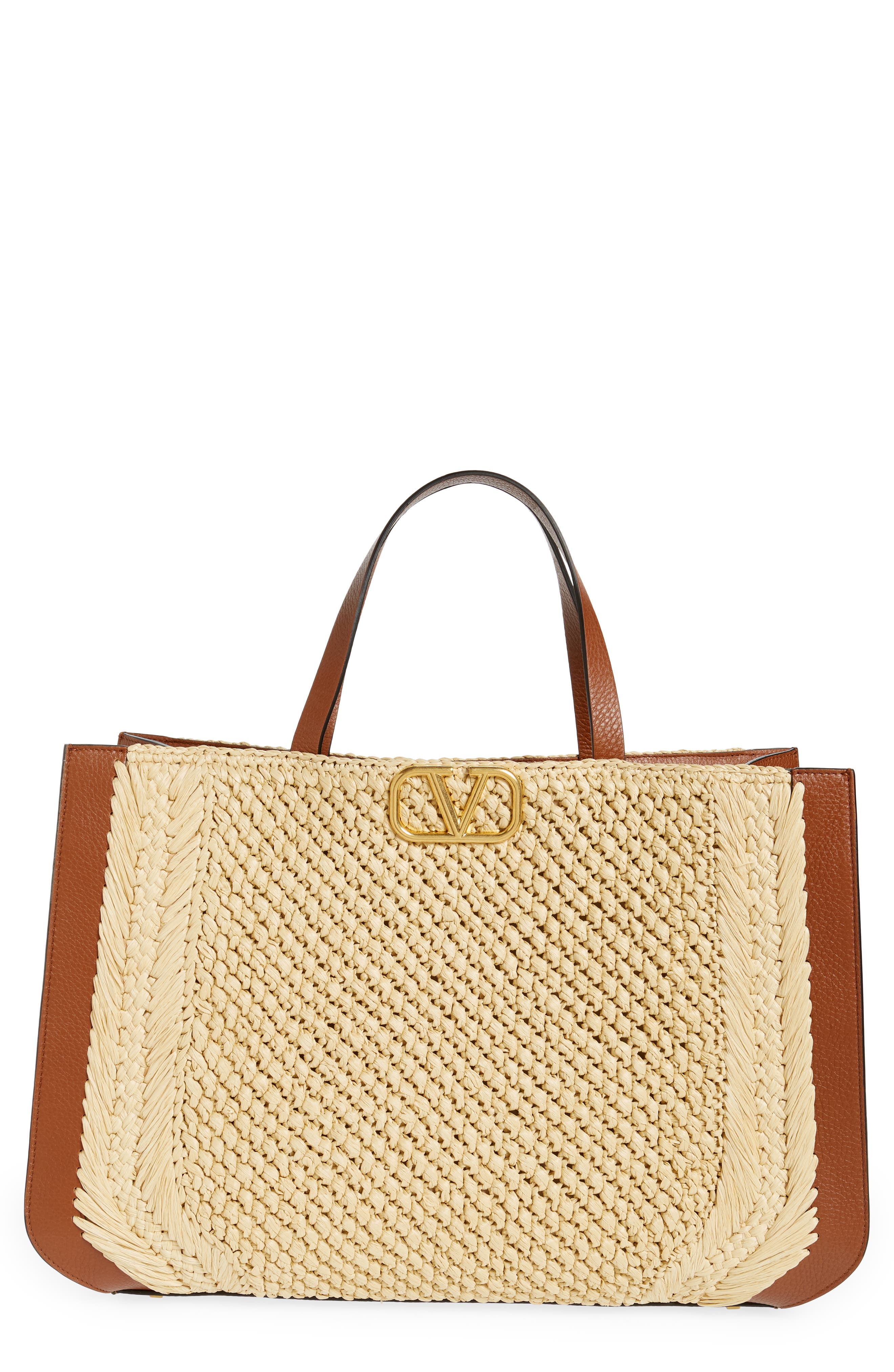 Valentino Garavani VLOGO Woven Raffia & Leather Tote, Main, color, 