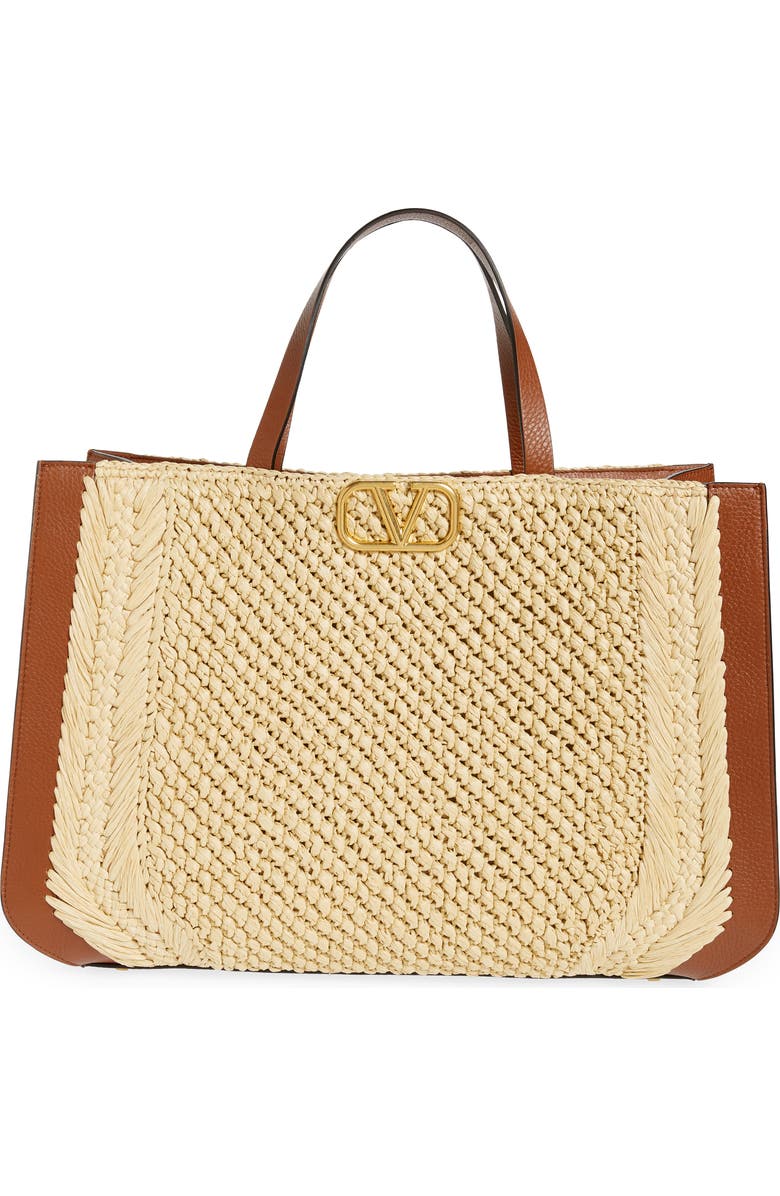 Valentino Garavani VLOGO Woven Raffia & Leather Tote, Main, color,