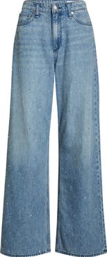 rag & bone Logan High Waist Rhinestone Detail Wide Leg Jeans