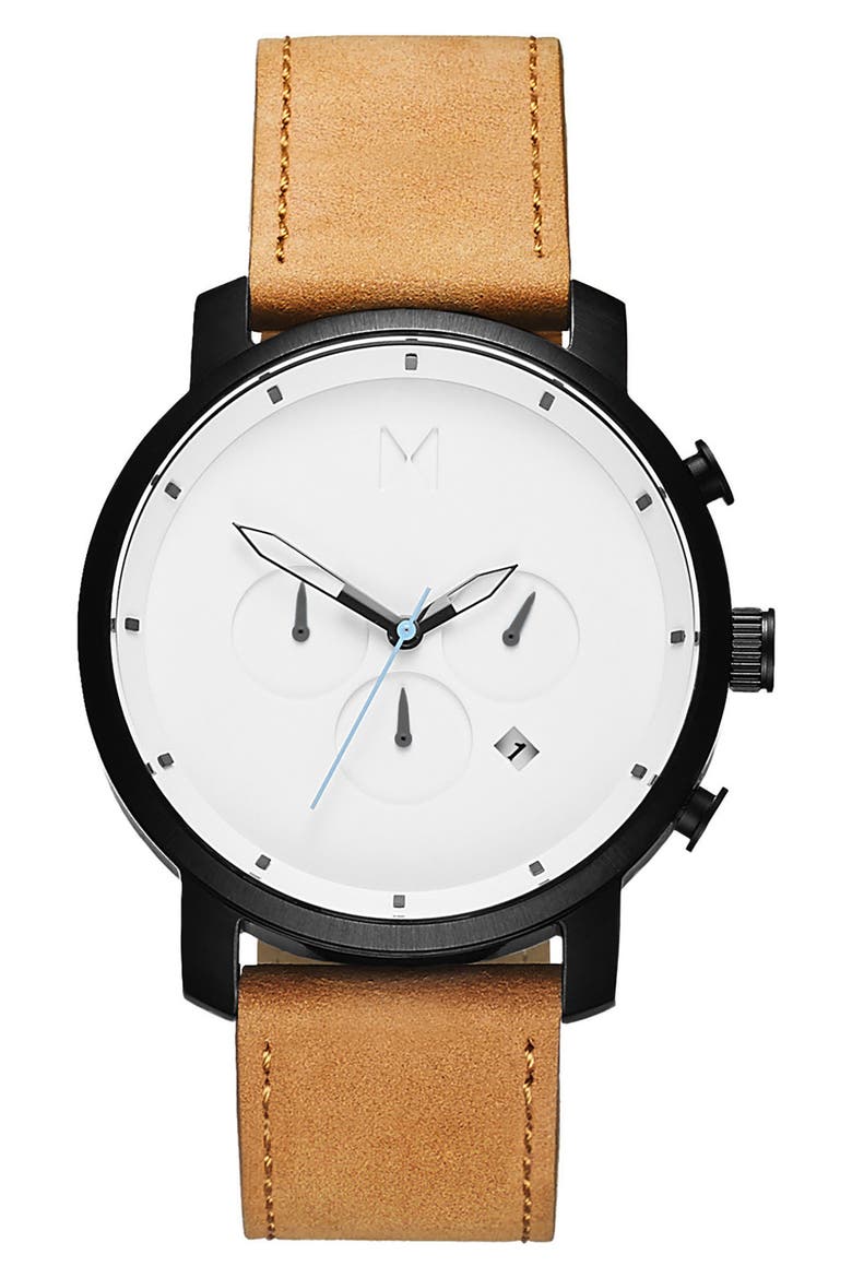 MVMT Chronograph Leather Strap Watch, 45mm, Main, color, WHITE/ TAN