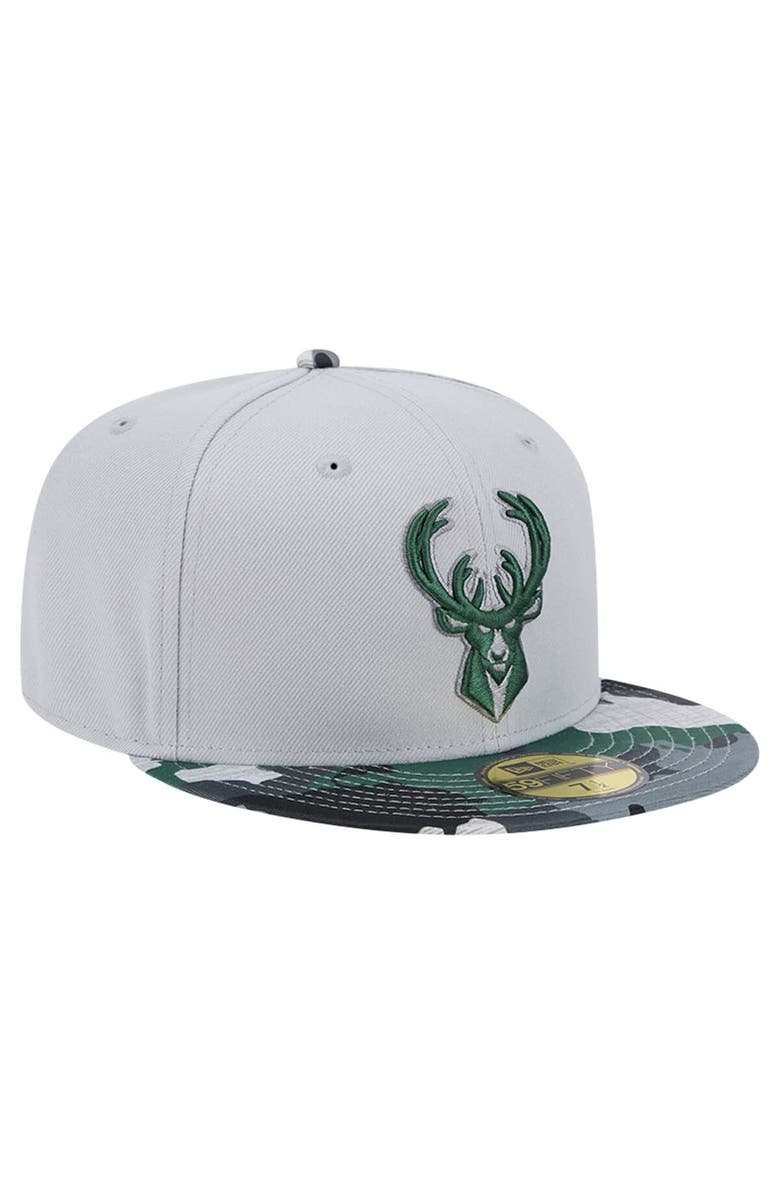 New Era Men's New Era Gray Milwaukee Bucks Active Color Camo Visor 59FIFTY Fitted Hat, Alternate, color, 