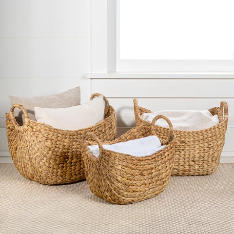 Nellie Farmhouse Classic Handwoven Hyacinth Storage Boat Baskets with Handles, (Set of 3)