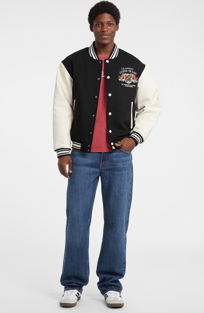 GUESS JEANS Letterman Varsity Bomber Jacket, Alternate, color, Jet Black