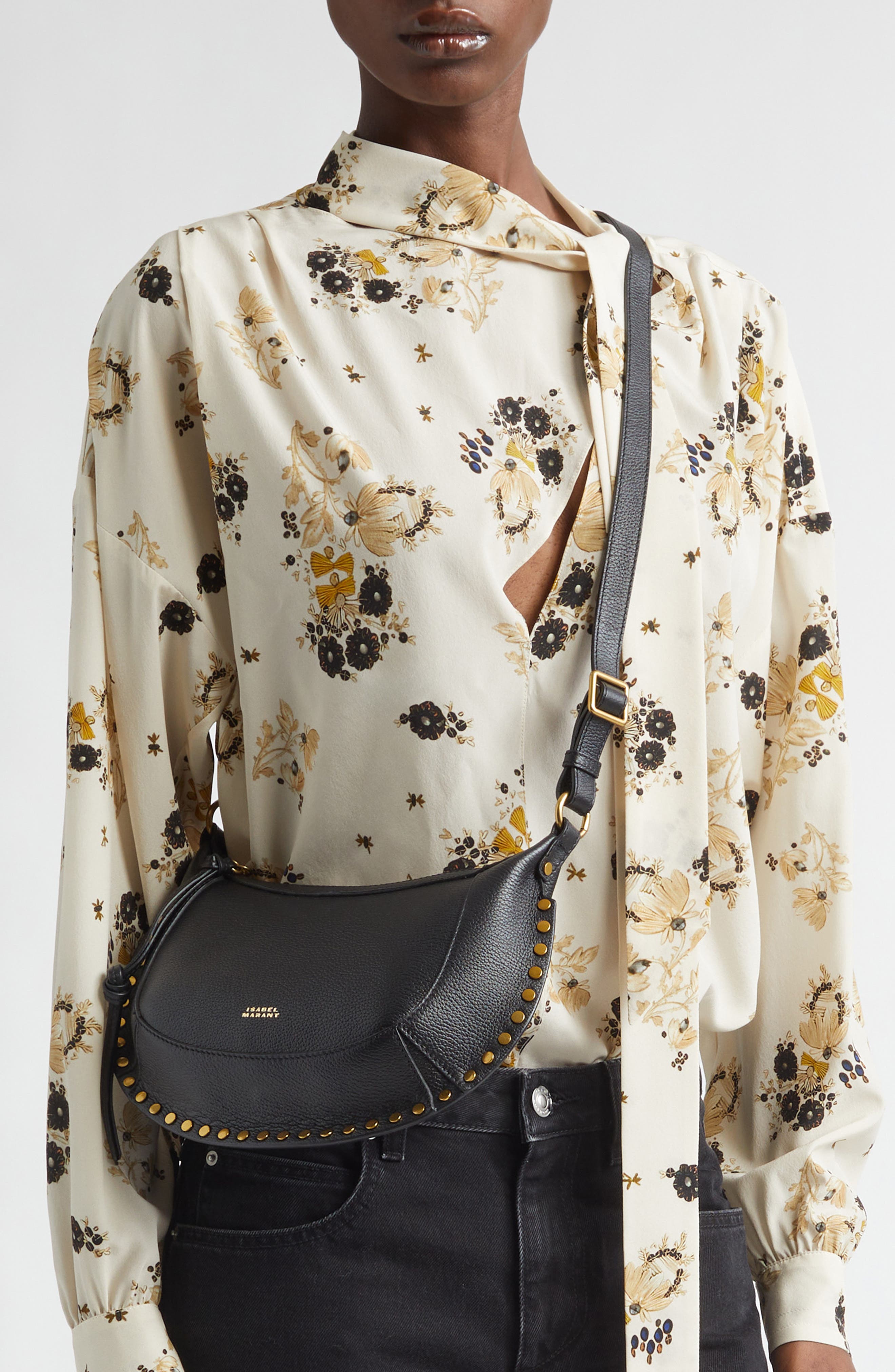Isabel Marant Oskan Moon Leather Shoulder Bag, Alternate, color, Black