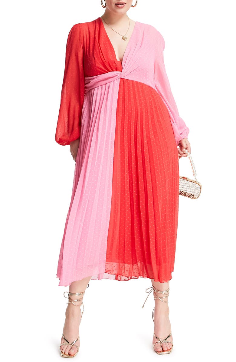 ASOS DESIGN Curve Colorblock Long Sleeve Midi Dress, Main, color,