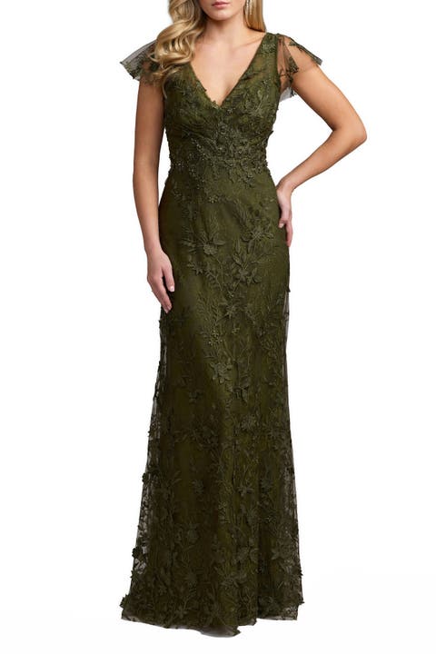 Embroidered Applique Wrap Over Flutter Sleeve Gown
