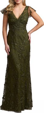 Mac Duggal Petite Embroidered Applique Wrap Over Flutter Sleeve Gown