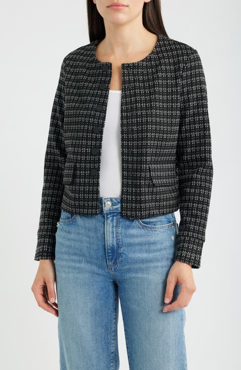 Collarless Jacquard Knit Jacket