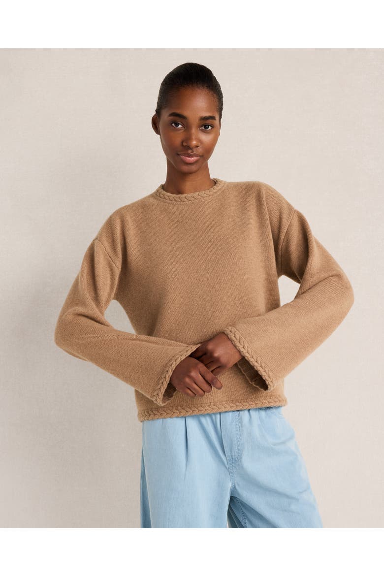 Cashmere Cable Trim Crewneck Sweater, Main, color, Dk Camel Hthr