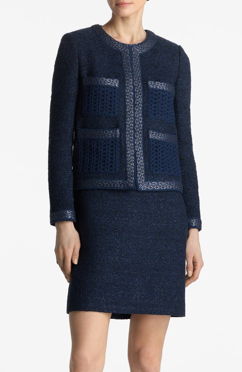 ST. JOHN Openwork Pocket Metallic Tweed Jacket, Main, color, 