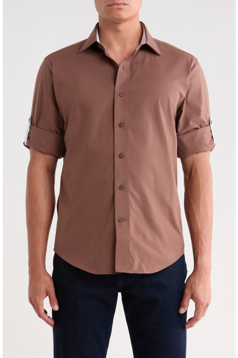 Solid Trim Fit Long Sleeve Cotton Shirt, Main, color, COFFEE