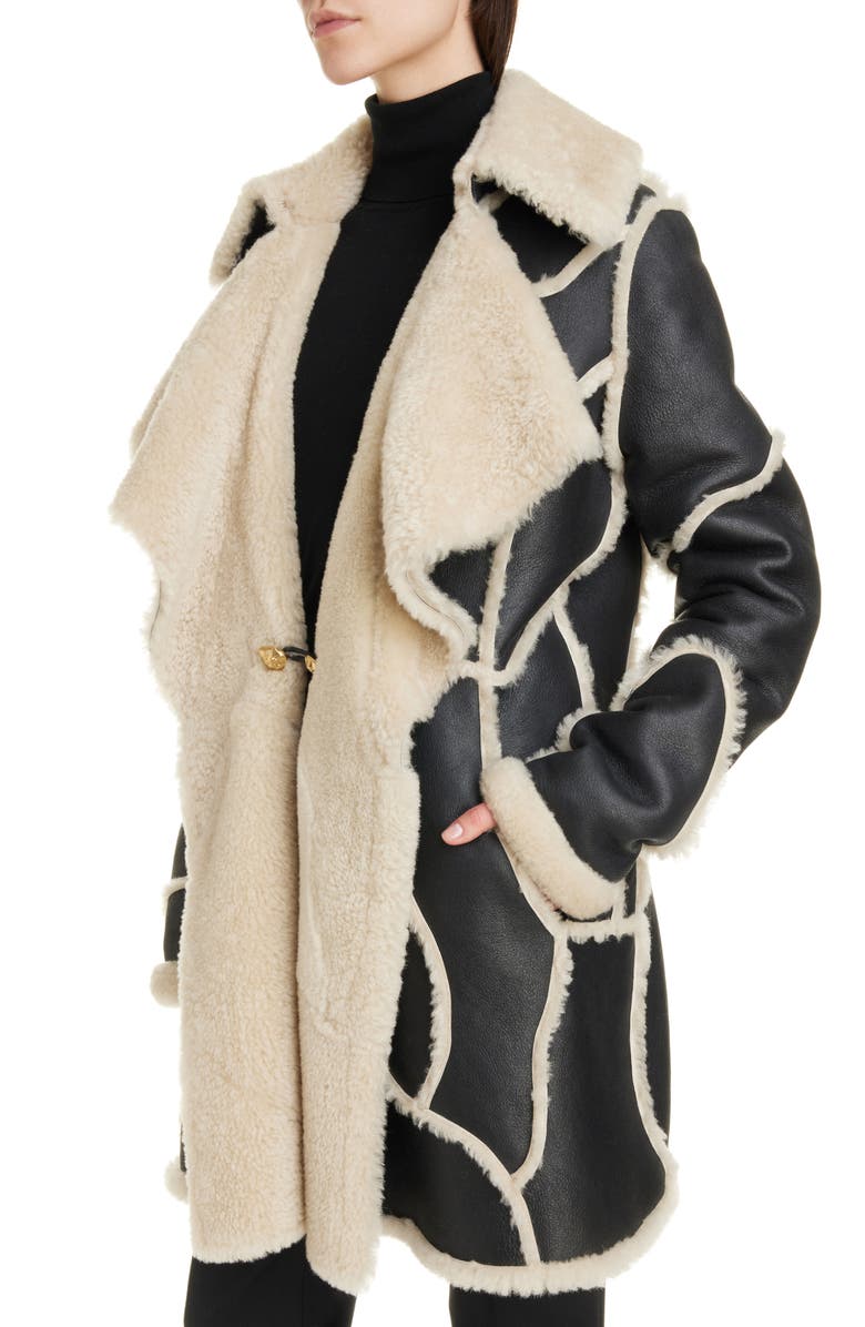 Chloé Patchwork Leather & Genuine Shearling Coat, Alternate, color,