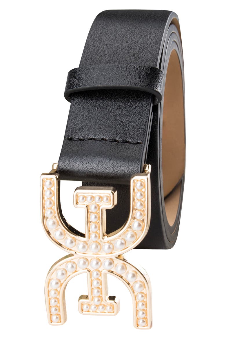 Imitation Pearl Logo Plaque Belt, Alternate, color, BLACK