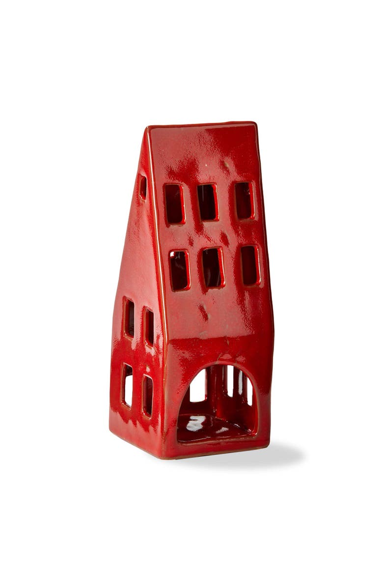 House Tealight Holder Large Red Stoneware Christmas, Main, color, Red