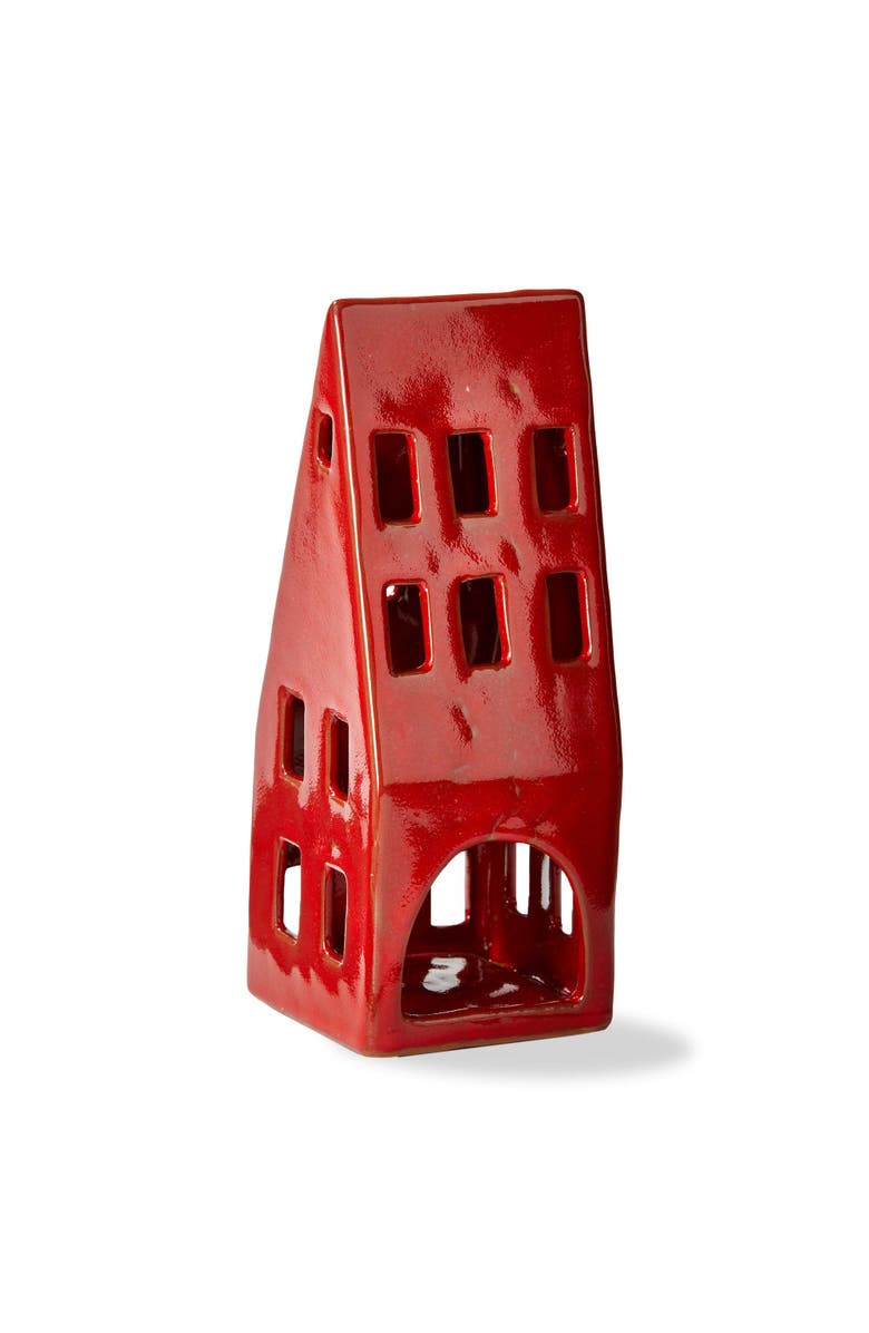 10003091 House Tealight Holder Large Red Stoneware Christmas, Main, color, Red