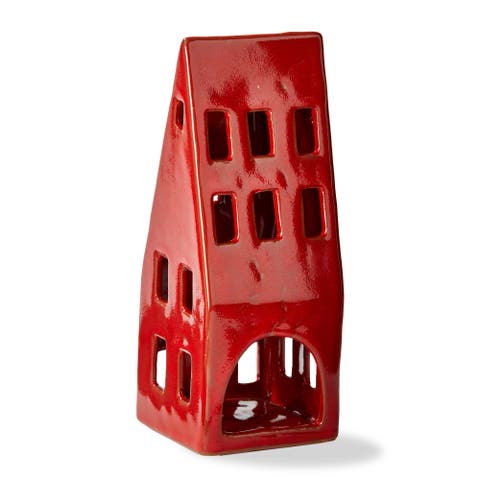 House Tealight Holder Large Red Stoneware Christmas