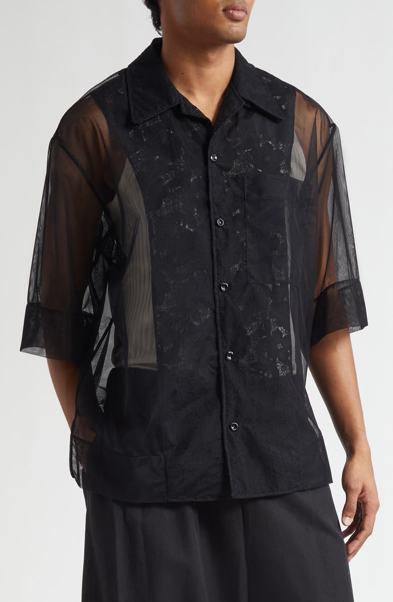 Simone Rocha Trapped Lace Patchwork Camp Shirt, Main, color, Black/ Black