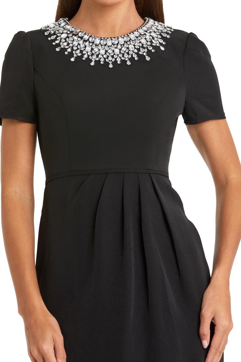 Petite Short Sleeve Rhinestone Neckline Midi Dress, Alternate, color, Black