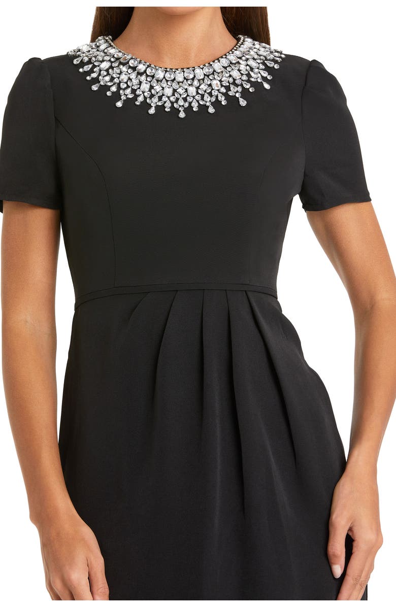 Mac Duggal Petite Short Sleeve Rhinestone Neckline Midi Dress, Alternate, color, Black