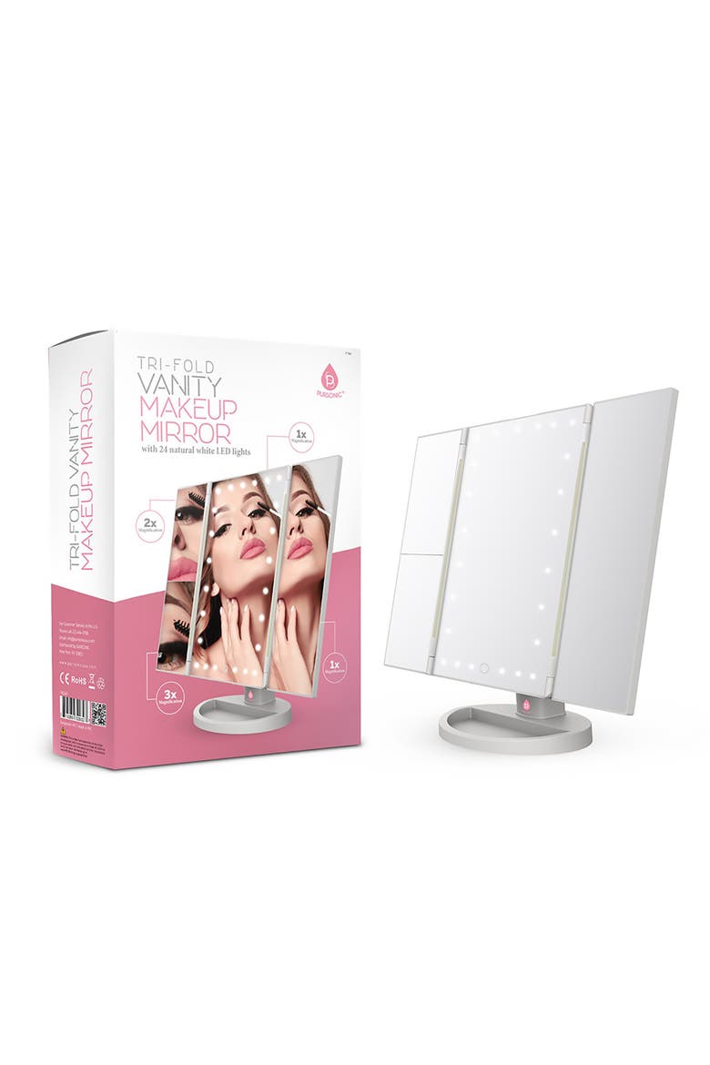 Tri-Fold Vanity Makeup Mirror, Alternate, color, White
