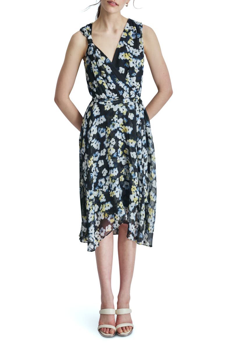 DKNY Surplice V-Neck Faux Wrap Midi Dress, Main, color, Navy/ Lemon