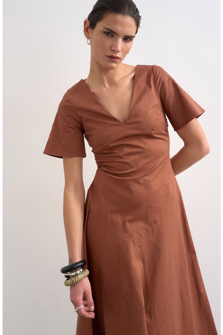 Seamed V-Neck A-Line Midi Dress, Alternate, color, RUST