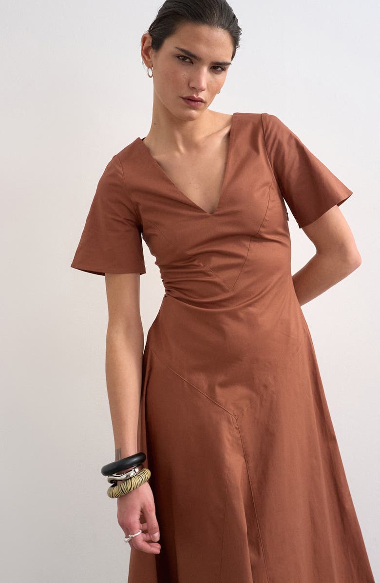 Topshop Seamed V-Neck A-Line Midi Dress, Alternate, color, Rust