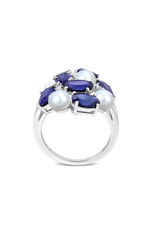 Delmar Lab Grown Blue & White Sapphire & Cultured Freshwater Pearl Ring In Blue