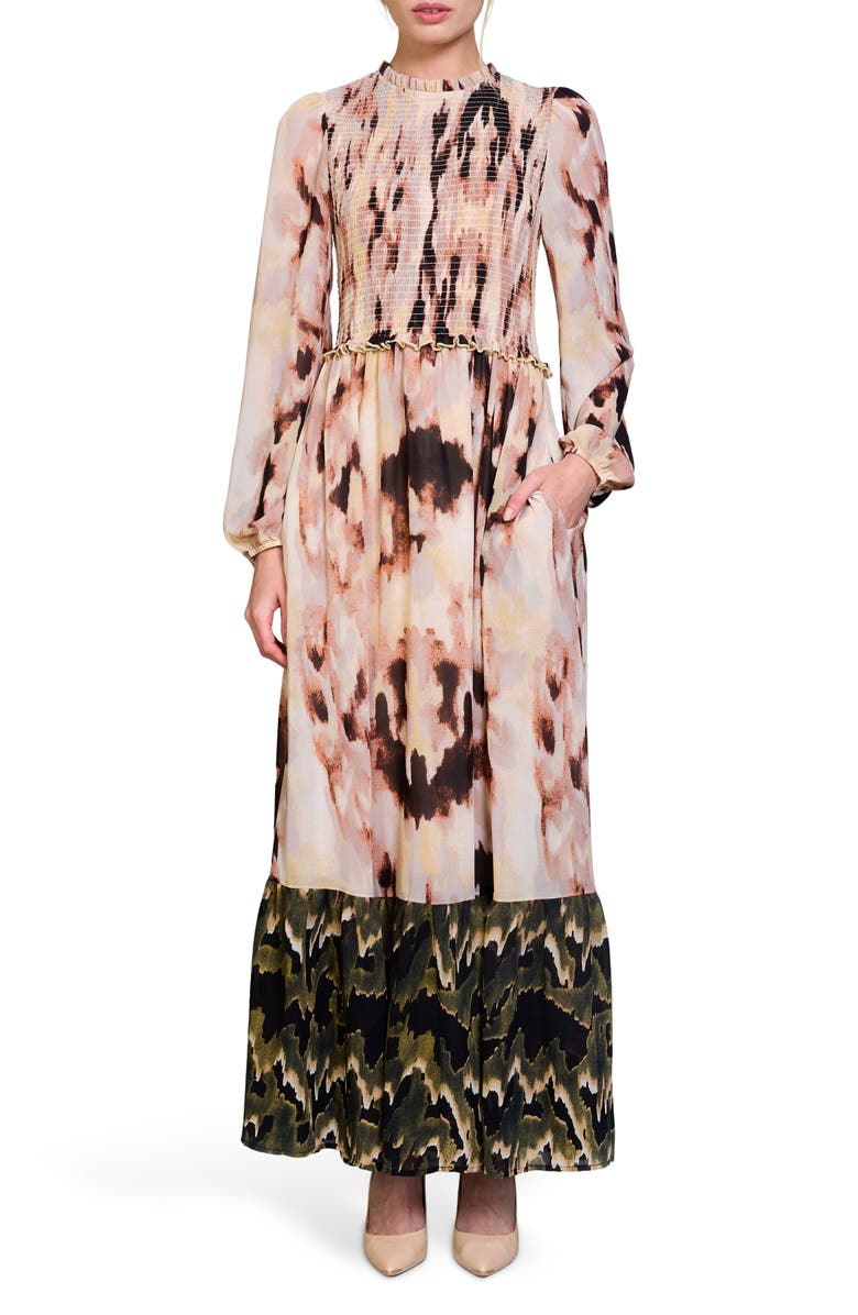 MELLODAY Smocked Long Sleeve Chiffon Maxi Dress, Main, color,