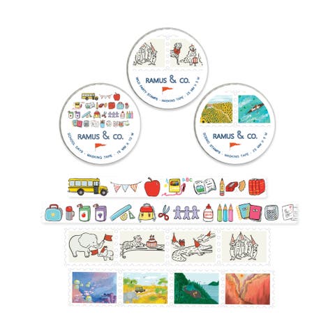 Illustrated Masking Tape - 3ct Rolls, Assorted Rolls (School Days + Wild Party Stamps + Scenic Stamps)