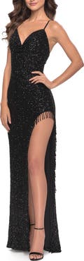 La Femme Sequin Dress with Stunning Fringe Beaded Slit