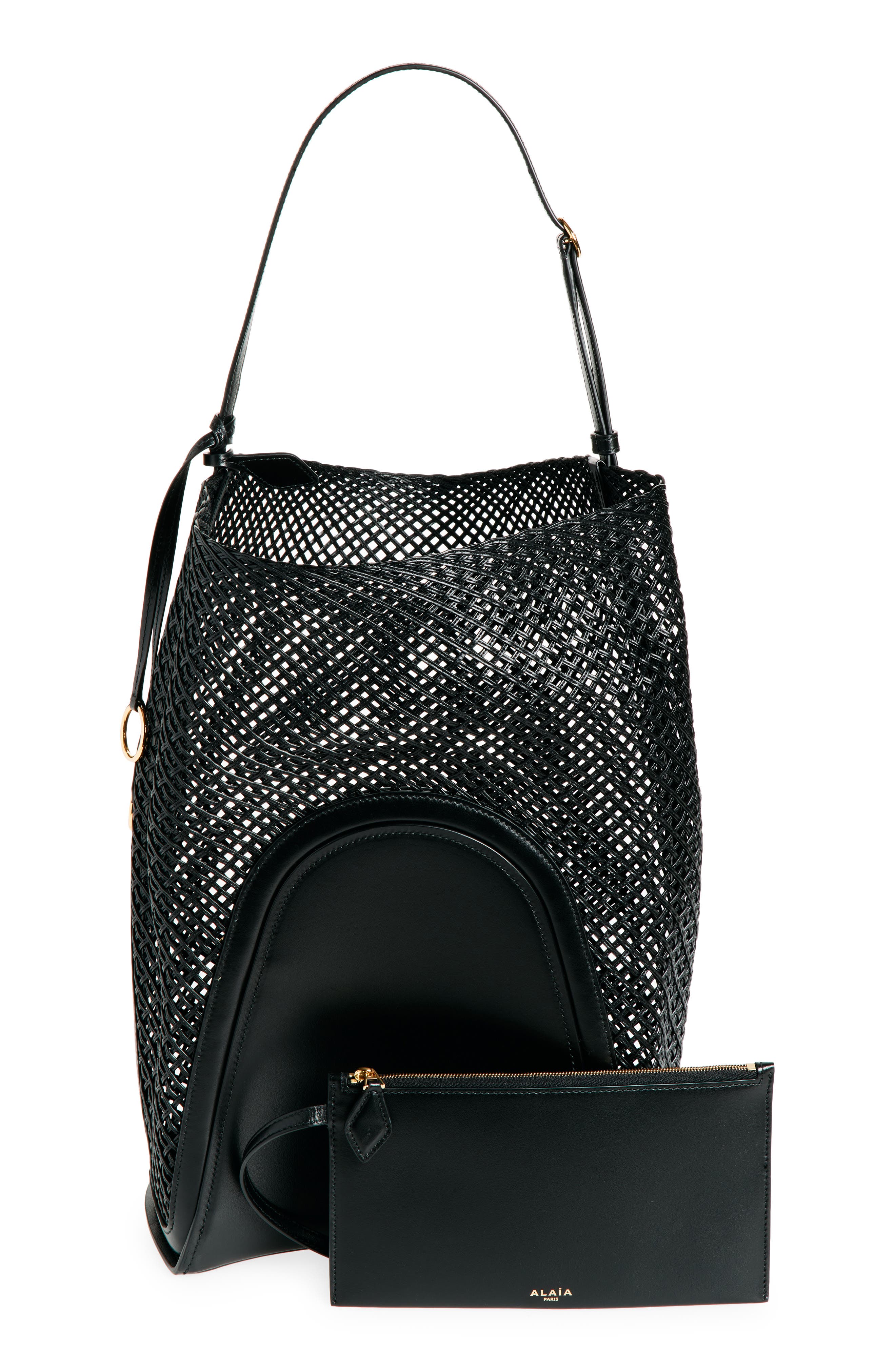 Alaïa Large Hip Leather Net Bucket Bag, Alternate, color, Noir
