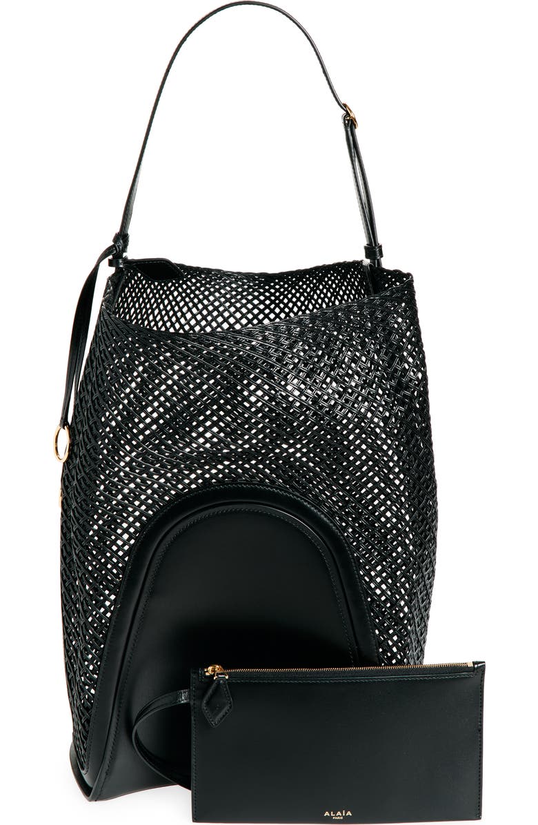 Alaïa Large Hip Leather Net Bucket Bag, Alternate, color, Noir