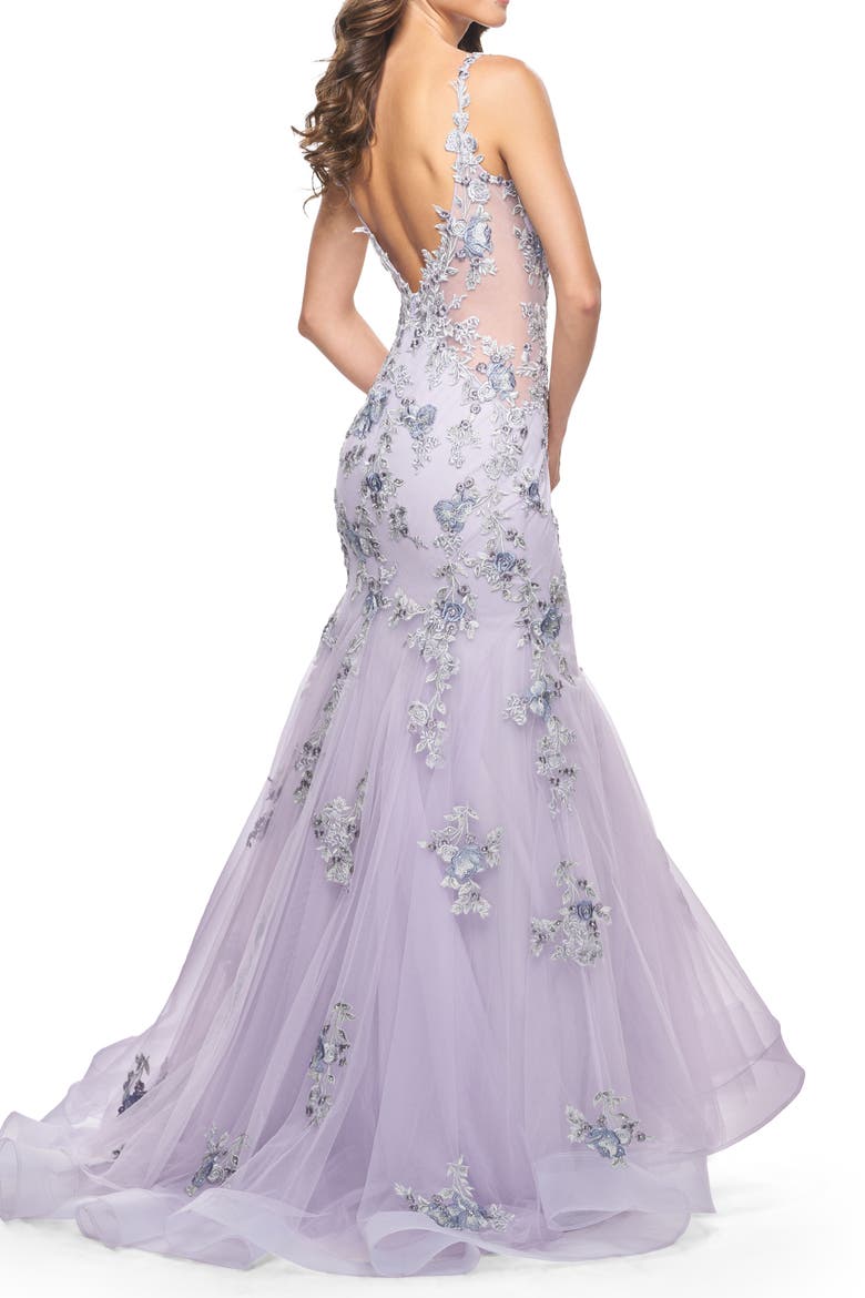 Mermaid Gown with Two Tone Lace Appliques, Alternate, color, Lavender Gray