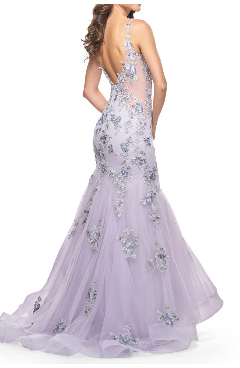 La Femme Mermaid Gown with Two Tone Lace Appliques, Alternate, color, Lavender Gray