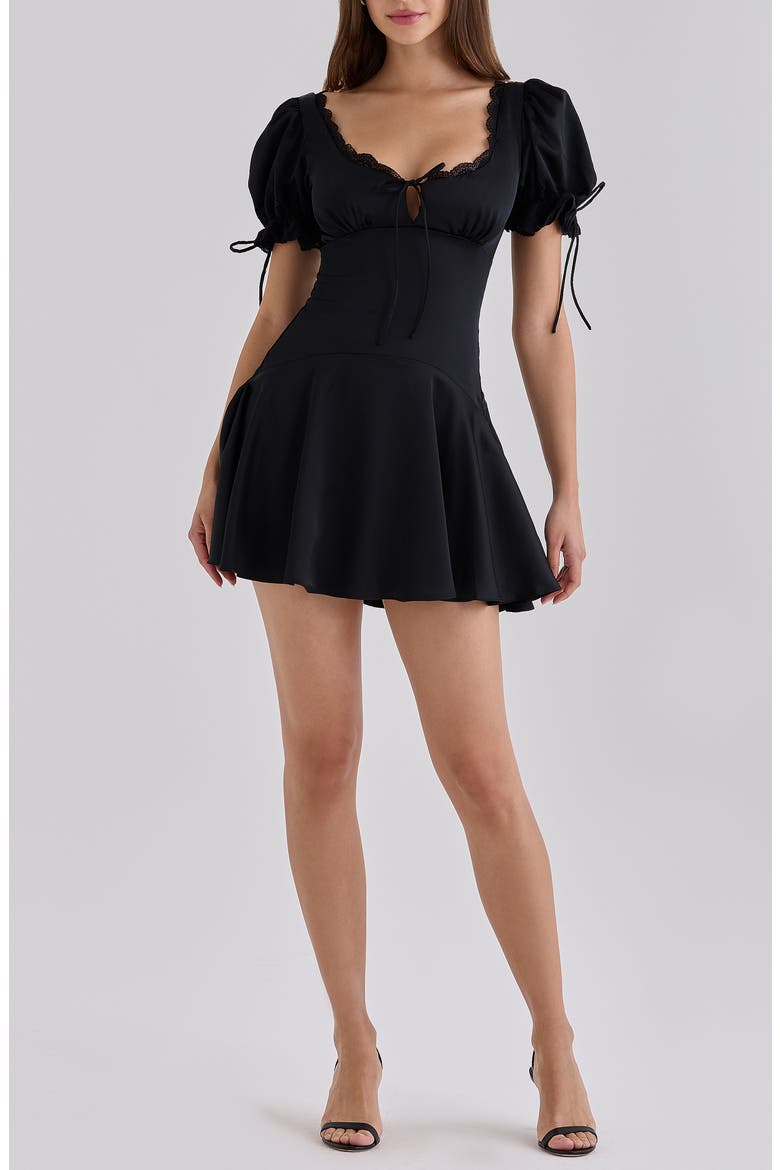 Elisabetta Satin Lace Trim Minidress, Main, color, BLACK